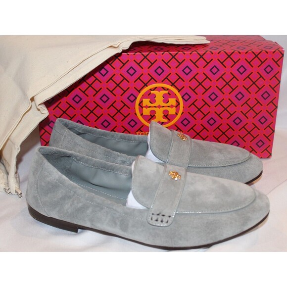 Tory‎ Burch Women's Suede Double T Ballet Loafer Blue Lapis/Gray NIB $268 - Picture 2 of 7